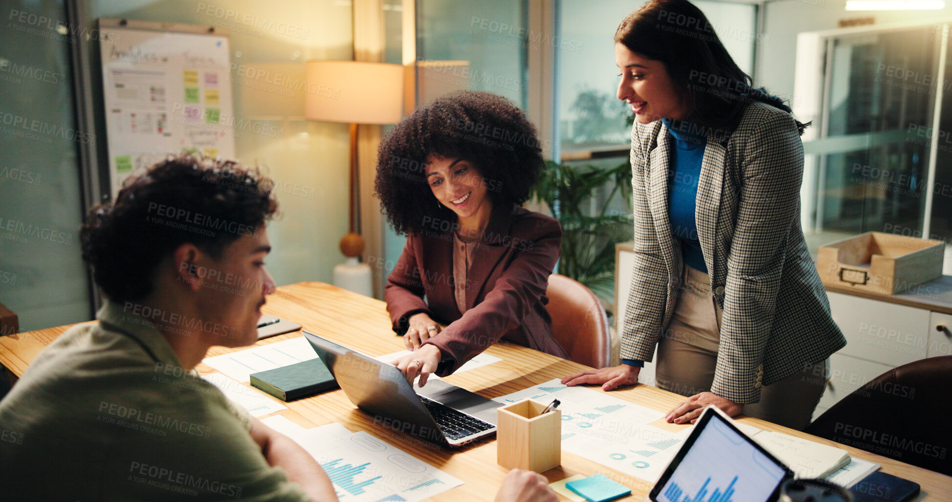 Buy stock photo Night, meeting and people with laptop, data analysis and report for campaign, discussion and online. Working late, collaboration and group with tech for stats, screen and planning with graph or chart