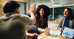 Happy, people and high five in office at night of good news, celebration and finance growth. Staff, tablet and success for team, profit graphs and deadline achievement with support of investment deal
