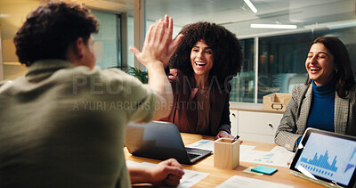 Buy stock photo Happy, people and high five in office at night of good news, celebration and finance growth. Staff, tablet and success for team, profit graphs and deadline achievement with support of investment deal