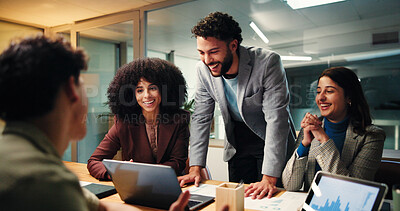 Buy stock photo Laughing, group and colleagues with laptop, data analysis or happy with performance report at night. Working late, collaboration and people with tablet for stats, screen and meeting with documents