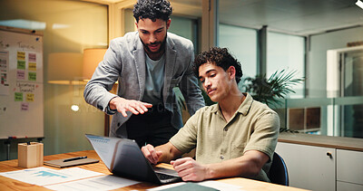 Buy stock photo Teamwork, laptop and business people in office for advice, project management and planning for online analysis. Men, graphs and employees with tech for feedback, collaboration or mentor discussion