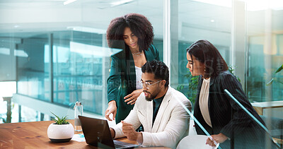 Buy stock photo Conversation, laptop and review with business people in boardroom together for discussion or update. Collaboration, computer and feedback with employee team in glass office for project management