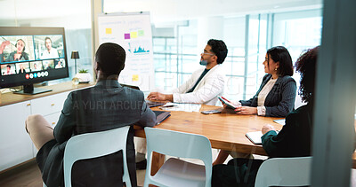 Buy stock photo Computer screen, video call and workshop with business people in office boardroom for webinar. Display, seminar and virtual meeting with employee team in workplace for online development course