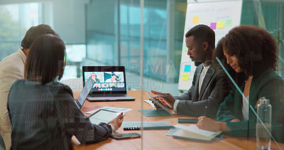 Buy stock photo Laptop screen, video call and workshop with business people in office boardroom for webinar. Computer, development and virtual meeting with employee team in workplace for coaching or online seminar