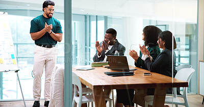 Buy stock photo Man, presentation and team with applause, board and happy with results, charts and planning at office. Business people, speaker and group with celebration, success and revenue increase at agency