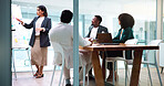 Presentation, discussion and business people in office with whiteboard for finance forecasting. Meeting, explaining and team of financial advisors with manager for investment planning in workplace.
