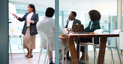 Buy stock photo Presentation, discussion and business people in office with whiteboard for finance forecasting. Meeting, explaining and team of financial advisors with manager for investment planning in workplace.