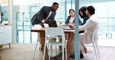 Buy stock photo Business people, team and laptop for planning in office, insurance proposal or feedback. Manager, collaboration and  discussion for project in meeting, problem solving or development with policy