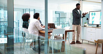 Buy stock photo Businessman, presentation and team with charts, screen and point with stats, feedback or talk at meeting. Business people, speaker and monitor at office for finance results, graphs or group at agency