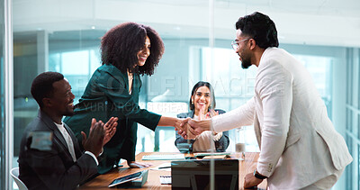 Buy stock photo Shaking hands, meeting and business people for partnership, deal or thank you in office. B2B merger, team and handshake for welcome, congratulations or client introduction for collaboration agreement
