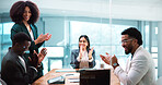 Applause, discussion and business people in office with celebration for finance goal, target or teamwork. Happy, clapping hands and group of financial managers with good news for investment proposal.