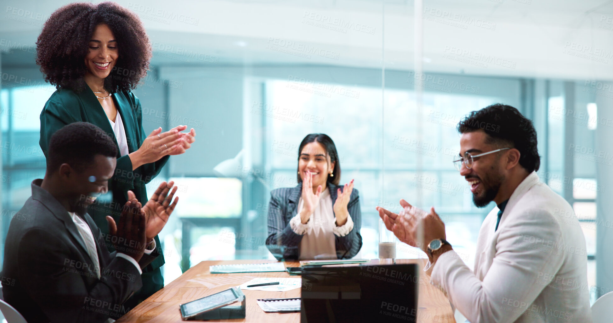 Buy stock photo Applause, discussion and business people in office with celebration for finance goal, target or teamwork. Happy, clapping hands and group of financial managers with good news for investment proposal.