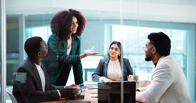 Buy stock photo Discussion, meeting and business people for partnership, merger or contract in office. B2B deal, team and conversation with strategy, paperwork or client introduction for collaboration agreement