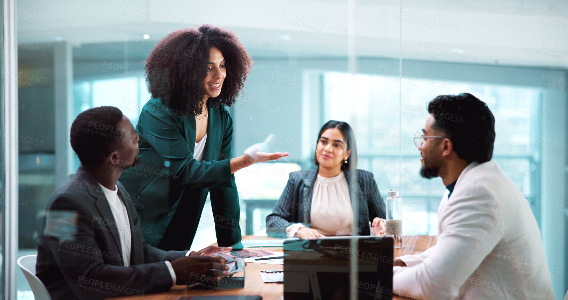 Buy stock photo Discussion, meeting and business people for partnership, merger or contract in office. B2B deal, team and conversation with strategy, paperwork or client introduction for collaboration agreement
