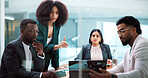 Business people, meeting and laptop for planning in office, insurance proposal or feedback. Manager, collaboration and team discussion for project, problem solving or development with policy by glass