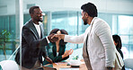 Handshake, meeting and business people for partnership, merger or thank you in office. B2B deal, team and shaking hands for welcome, congratulations or client introduction for collaboration agreement