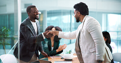 Buy stock photo Handshake, meeting and business people for partnership, merger or thank you in office. B2B deal, team and shaking hands for welcome, congratulations or client introduction for collaboration agreement