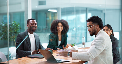 Buy stock photo Discussion, explaining and business people in office with laptop for finance budget planning. Meeting, computer and team of financial advisors with proposal in collaboration for investment account.