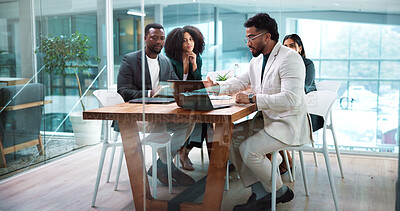 Buy stock photo Meeting, teamwork and business people in office for collaboration with finance budget planning. Discussion, corporate and financial managers with review for investment proposal on laptop in workplace