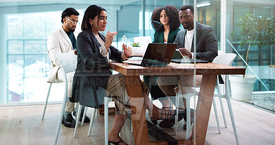 Buy stock photo Presentation, laptop and business people in office for collaboration with finance budget planning. Discussion, corporate and financial managers with review for investment proposal in workplace.