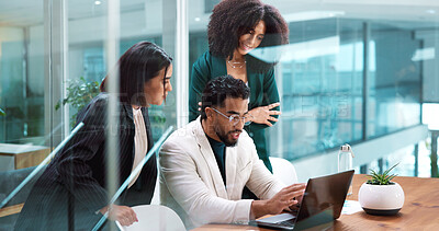 Buy stock photo Collaboration, feedback and laptop with business people in boardroom together for discussion or update. Computer, conversation and review with employee team in glass office for project management