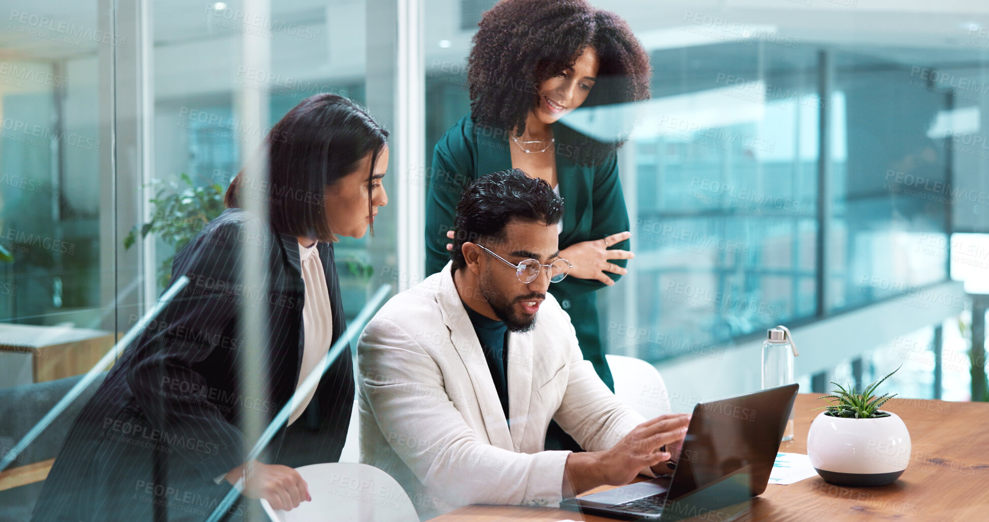 Buy stock photo Collaboration, feedback and laptop with business people in boardroom together for discussion or update. Computer, conversation and review with employee team in glass office for project management