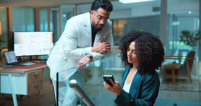 Buy stock photo Business people, phone and talk in office for planning, financial report and review budget. Team, discussion and digital tech on stairs for teamwork, finance feedback and information for investment