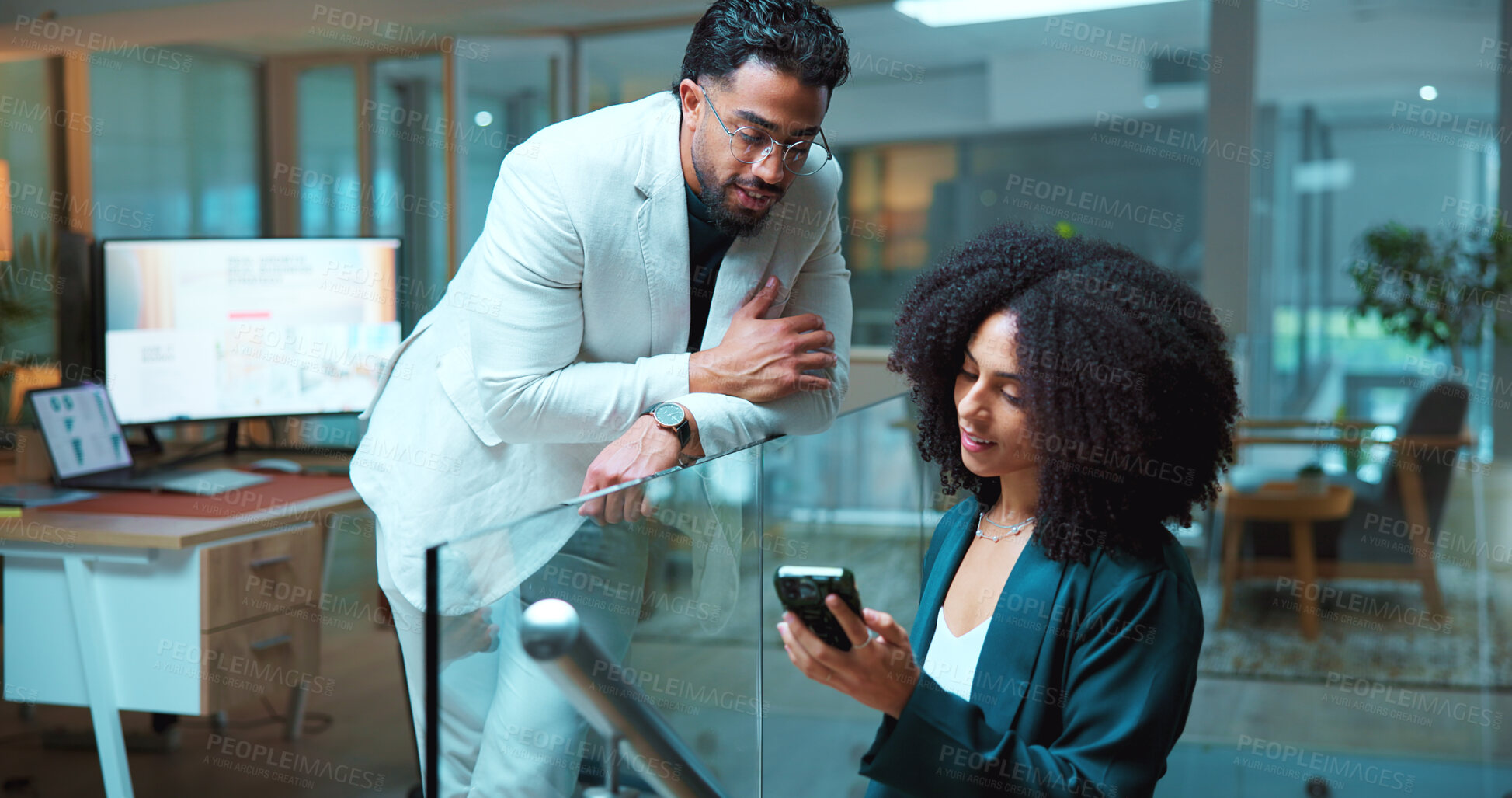 Buy stock photo Business people, phone and talk in office for planning, financial report and review budget. Team, discussion and digital tech on stairs for teamwork, finance feedback and information for investment