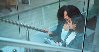 Buy stock photo Business, women and meeting on tablet on stairs for accounting, finance report and budget review. People, team and digital tech with advice, financial feedback and information for briefing tips