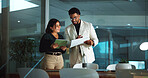 People, meeting and tablet with document at night for accounting, finance report and budget plan. Staff, team and digital for financial audit, company expenses and information on investment deadline
