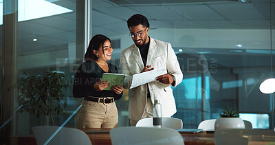 Buy stock photo People, meeting and tablet with document at night for accounting, finance report and budget plan. Staff, team and digital for financial audit, company expenses and information on investment deadline
