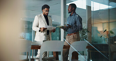 Buy stock photo People, tablet and document in office at night for accounting, financial planning and review budget. Men, team and digital with finance report, company expenses and information on investment deadline