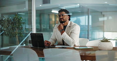 Buy stock photo Business, thinking and man in office, laptop and problem solving with feedback for audit. Financial agency, employee and person with pc, budget report and confused with decision, email and solution