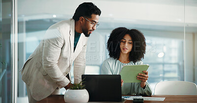 Buy stock photo Business people, laptop and office with tablet for company finance, budget or planning together. Businessman, woman or analyst with technology for financial report, statistics or corporate review