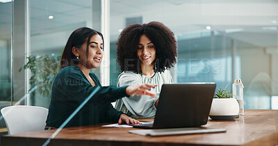 Buy stock photo Laptop, feedback and meeting with business women in office for report, discussion and proposal. Collaboration, update and pointing with teamwork in workplace for conversation, review or strategy