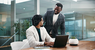 Buy stock photo Business, men and mentor with laptop in office for accounting, training and financial feedback. People, teamwork and manager with tablet for planning, review budget and helping of investment proposal