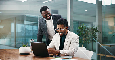 Buy stock photo People, meeting and mentor with laptop in office for accounting, training and financial feedback. Men, teamwork and manager with pc for planning, review budget and information for investment proposal