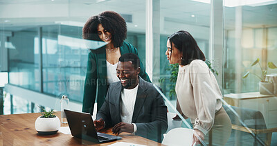 Buy stock photo People, meeting and mentor with laptop in office of accounting, training and financial feedback. Staff, teamwork and manager with pc for planning, review budget and information of investment proposal