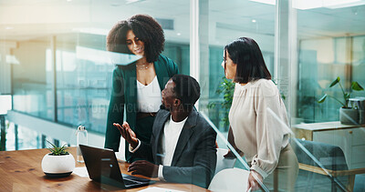 Buy stock photo Laptop, business people and happy group planning in office for accounting proposal online. Meeting, computer and team discussion together for financial audit, cooperation and solution with good news