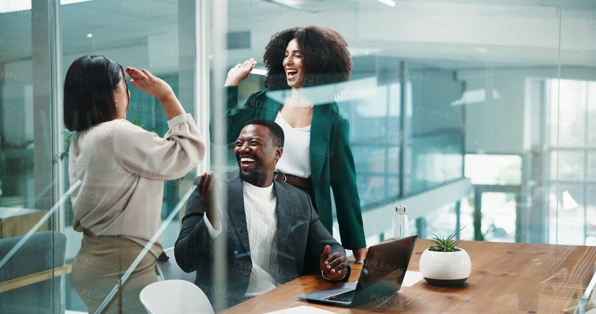 Buy stock photo Business people, success and high five in office for motivation, excellence and teamwork. Workers, excited and together for celebration, support and laugh for collaboration with goal on laptop