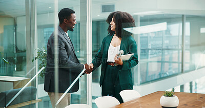Buy stock photo Business, handshake or people with recruitment, job interview or onboarding with welcome. Contract, human resource manager or candidate with greeting, or shaking hands with review, hiring or b2b deal