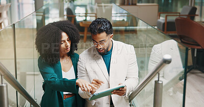 Buy stock photo Teamwork, steps or business people with tablet for help, investment research or budget. Collaboration, advice and financial advisor in office lobby for news, accounting deadline or finance report