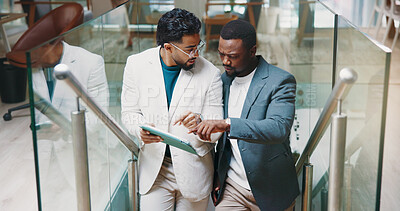 Buy stock photo Talk, stairs or business people with tablet for review, investment feedback and budget. Collaboration, men or financial advisors walking in office lobby for news, accounting advice and finance report