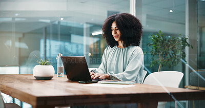 Buy stock photo Laptop, finance and business woman in office for online proposal, budget report and risk assessment. Professional, financial consultant and person on computer for tax review, research and planning