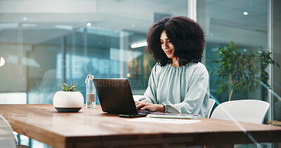 Buy stock photo Laptop, corporate and business woman in office for online proposal, finance report and accounting. Professional, financial consultant and person on computer for budget review, research and planning