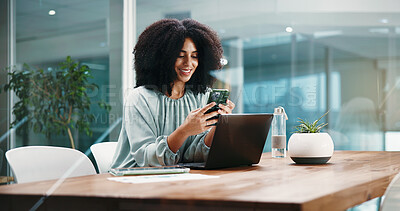 Buy stock photo Phone, smile and reading with business woman in office for social media agency, branding and contact. Marketing campaign, project launch and client feedback with person and laptop in startup