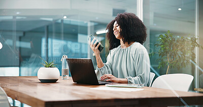 Buy stock photo Phone, research and laptop with business woman in office for social media agency, branding and contact. Marketing campaign, project launch and client feedback with person in startup for planning