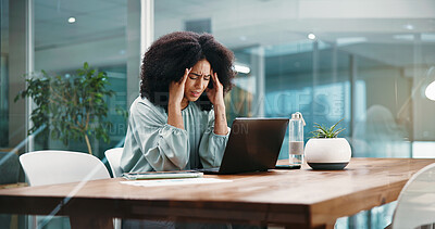 Buy stock photo Woman, headache and laptop with pain in office for mistake, financial crisis or debt. Female person, employee or accountant with migraine, stress or strain on computer for mental health or bankruptcy