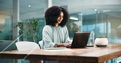 Buy stock photo Laptop, typing and business woman in office for online proposal, finance report and accounting. Professional, financial consultant and person on computer for budget review, research and planning