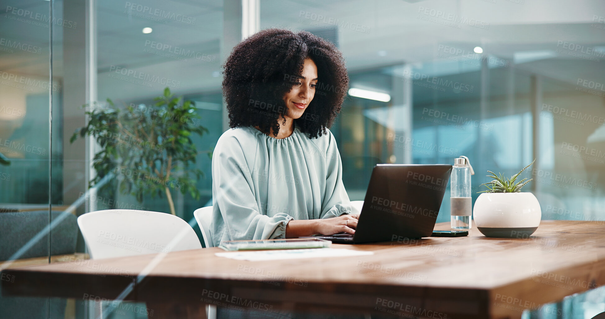 Buy stock photo Laptop, typing and business woman in office for online proposal, finance report and accounting. Professional, financial consultant and person on computer for budget review, research and planning